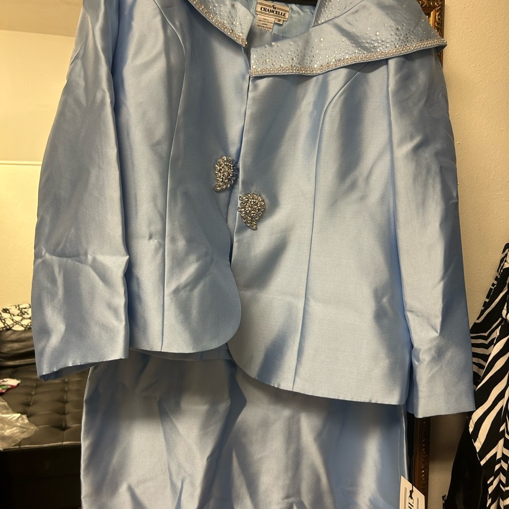 Elegant Light Blue Skirt Suit with Rhinestone Accents